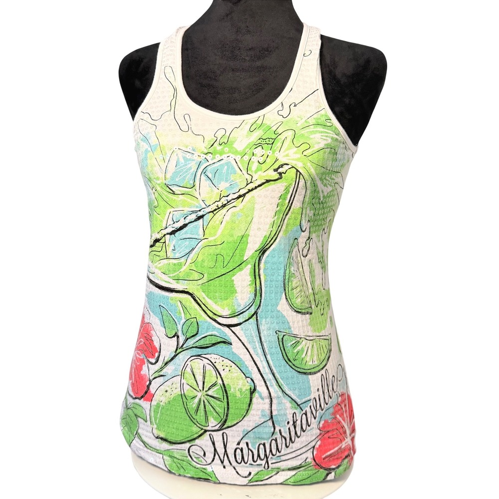 Women's Y2K Racer Back Margaritaville Sequin Tank Top Drink VTG Summer SZ S